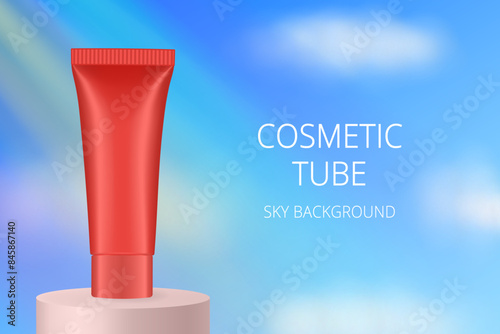 Red cosmetic tube on a podium. Realistic mockup. Ointment or salve. Gel serum. Korean packaging. Sky, clouds, rays of light and rainbow	