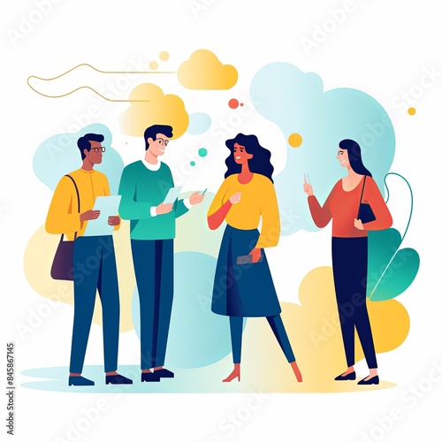 flat vector style illustration, a diverse group of people talking and collaborating, on white background 