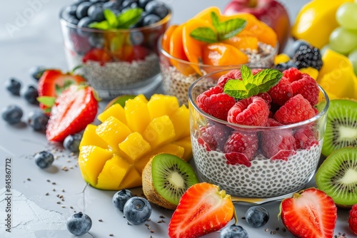 variety of chia pudding and fruit