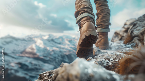 Man hiking up a mountain trail with a close-up of his leather hiking boots. The hiker shown in motion, with one foot lifted off the ground and the other planted on the mountain trail