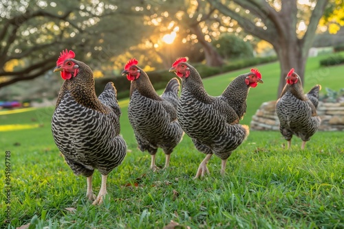 A photo of a group of chickens walking through the grass in an open farm field on a sunny day, with trees and greenery in the background, golden hour lighting. 