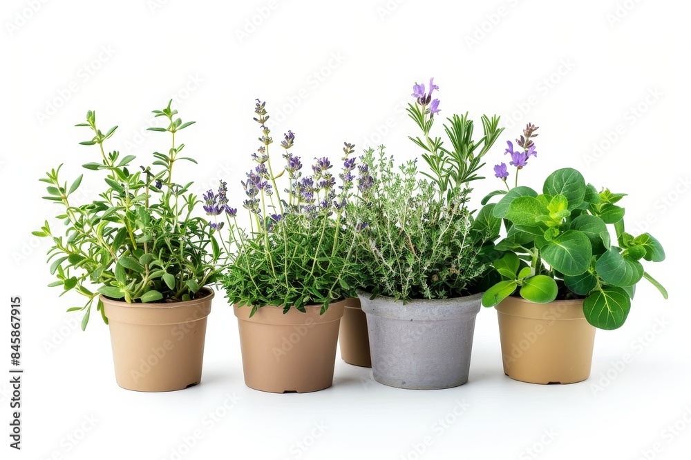 Variety of herbs in pot creatively arranged on white background Floral banner for healthy eating and alternative medicine Variety of herbs in pot creatively arranged on white background Floral banner for healthy eating and alternative medicine