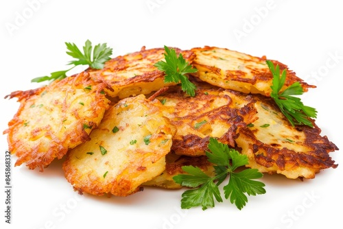 Variety of potato pancakes isolated on white background fried with onion and seasoning photo