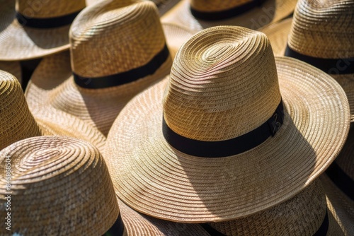 Several straw hats are lined up on a table