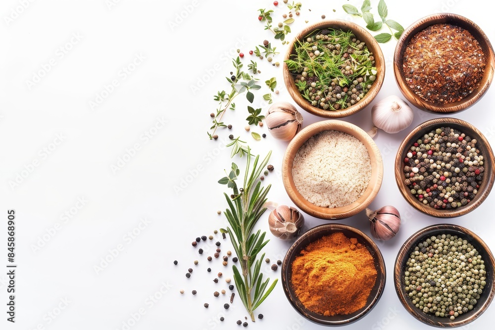 Various spices in bowls on white background Top view with copy space Various spices in bowls on white background Top view with copy space