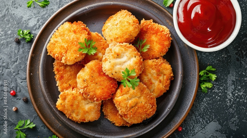 Top view of golden homemade chicken nuggets served on a plate with a side of ketchup sauce Top view of golden homemade chicken nuggets served on a plate with a side of ketchup sauce