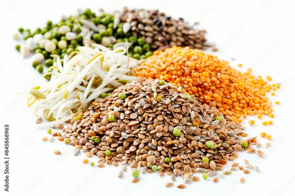 Various sprouted seeds on white background for vegan raw food diet Various sprouted seeds on white background for vegan raw food diet