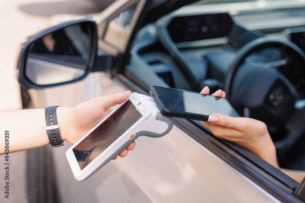 the driver makes contactless NFC payment using a mobile phone the driver makes contactless NFC payment using a mobile phone