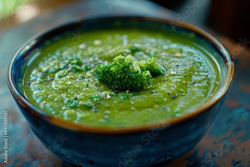Vegan green broccoli soup in blue bowl