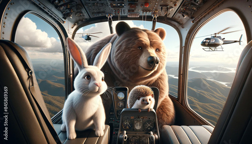 In a helicopter, a bear, a bunny, and a hedgehog are flying. They look curious and fascinated. Out the window, a picturesque landscape with mountains and other helicopters in the sky can be seen. Ai  photo