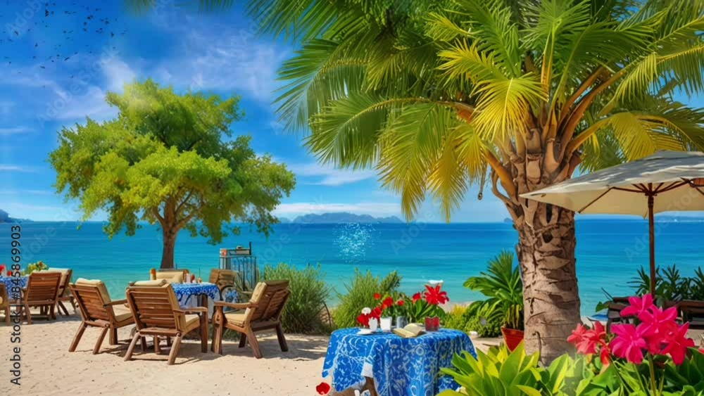 beach restaurant resort atmosphere in summer, smooth looping video animation
