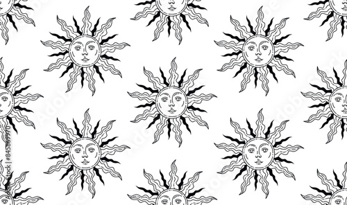 Seamless sun pattern. Graphic arts. The sun with a human face. Black and white pattern. Magic ornament.
