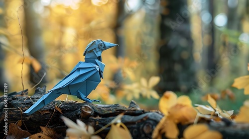 Blue made of paper origami bird sitting on the fallen branch in forest