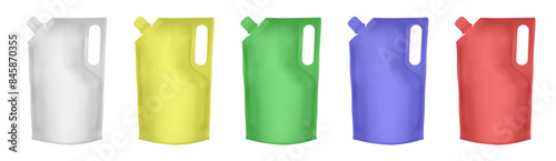 Spouted pouch with handle. Set of white, yellow, green, blue and red doypack packaging with screw cap.  Stand up doy pack mock up set. Cosmetic refill.  Washing liquid
