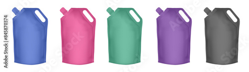 Spouted pouch with handle. Set of pink, purple, green, blue and black doypack packaging with screw cap.  Stand up doy pack mock up set. Laundry detergent refill