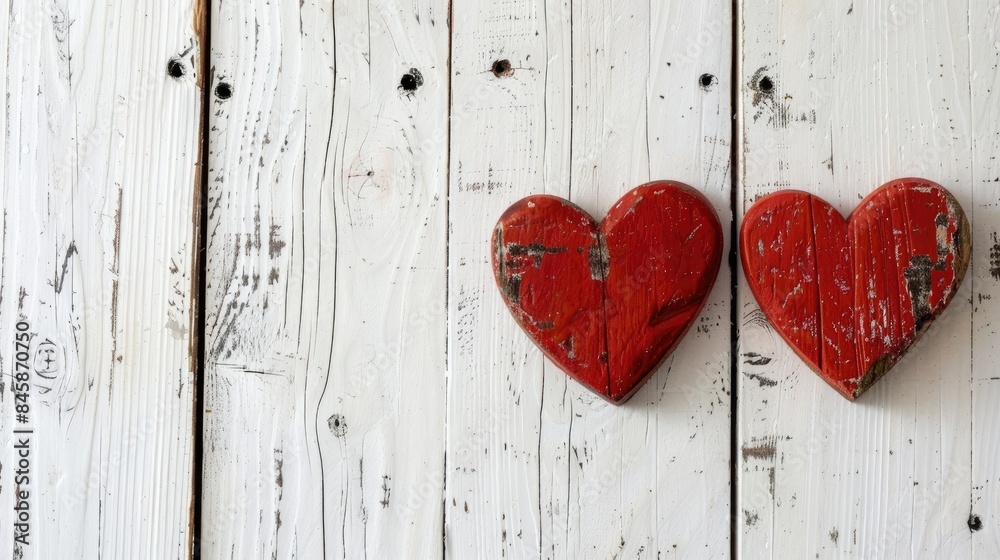 Two hearts displayed against a white wooden backdrop Two hearts displayed against a white wooden backdrop