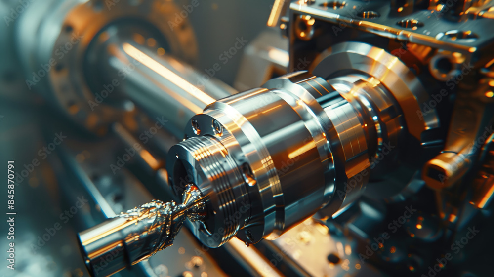Fototapeta premium Metalworking CNC milling machine. Cutting metal modern processing technology. Small depth of field. Hi-technology machining concept