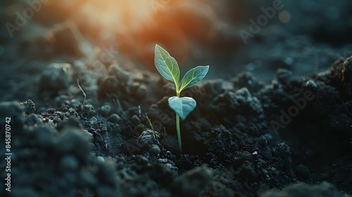 The concept of growth represented by a seedling breaking through the soil towards the sunlight