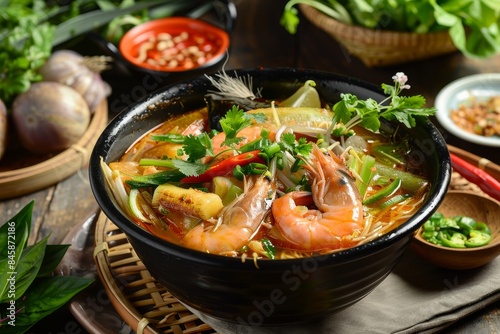 Vietnamese dish Bun Mam noodles soup with fermented fish broth eggplants shrimps squids grilled pork Mekong delta specialty