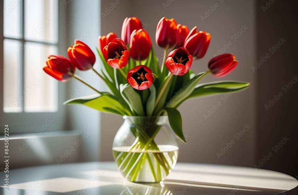 a bouquet of red tulips in a transparent vase on a light background on the table a bouquet of red tulips in a transparent vase on a light background on the table