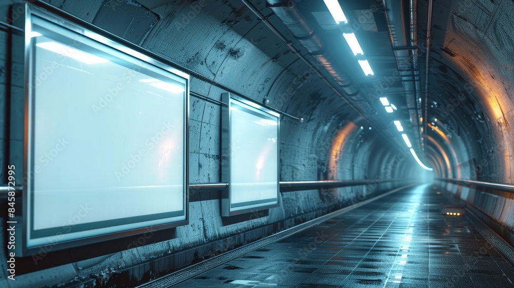 Mockup of two empty vertical advertising banners in an underground tunnel walkway, with metallic frames and a dimly lit background Mockup of two empty vertical advertising banners in an underground tunnel walkway, with metallic frames and a dimly lit background