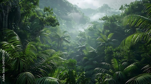 A dense tropical rainforest buzzing with life  where lush vegetation envelops everything in a verdant embrace under the canopy of towering trees.