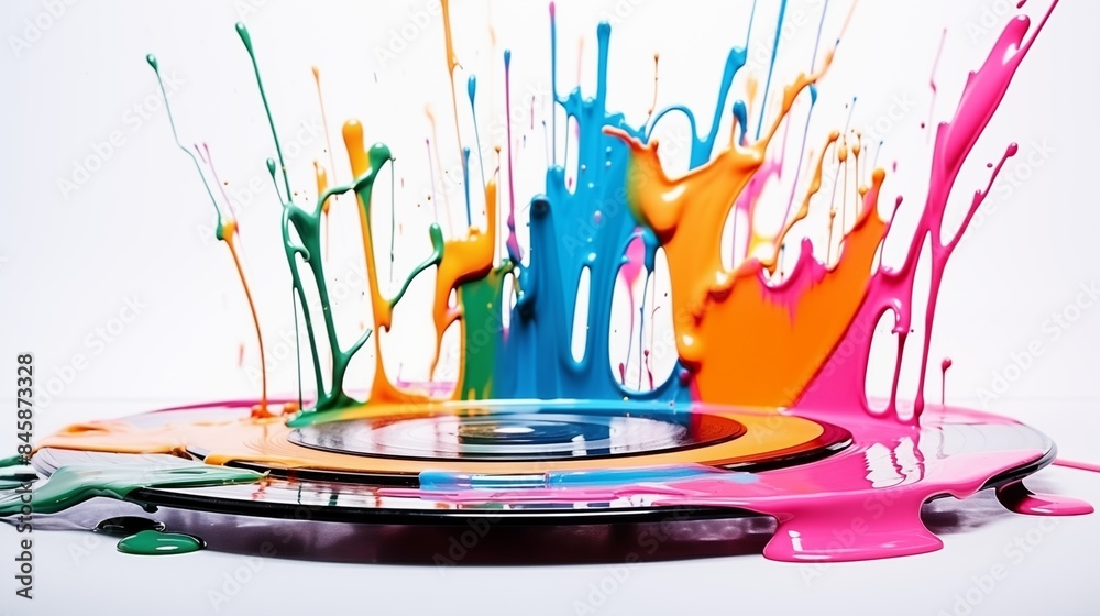 Abstract illustration of a CD in an explosion of colorful paint on a white background Abstract illustration of a CD in an explosion of colorful paint on a white background