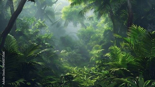 A dense tropical rainforest buzzing with life  where lush vegetation envelops everything in a verdant embrace under the canopy of towering trees.