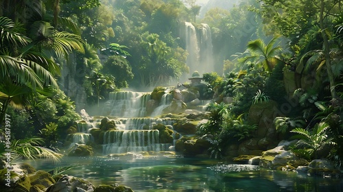 A lush tropical waterfall cascading down moss-covered rocks into a crystal-clear pool below  surrounded by dense jungle foliage.