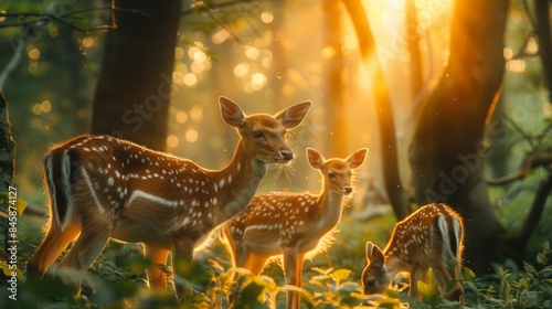 A group of three deer standing in a forest with sunlight shining on them  AI