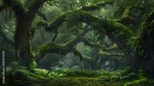 A majestic old-growth forest adorned with ancient trees, their gnarled branches reaching skyward amidst a carpet of lush ferns and mosses.