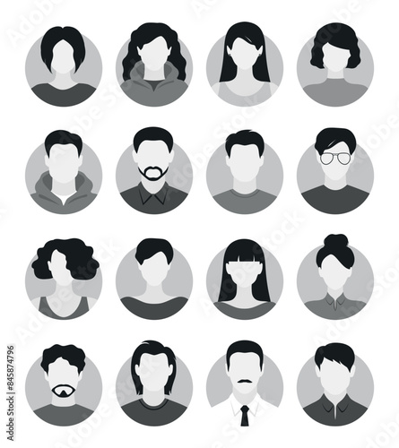Abstract female and male faceless portraits. Set of woman and man face silhouettes suitable for anonymous profiles, avatars or abstract gender icons. Vector illustration
