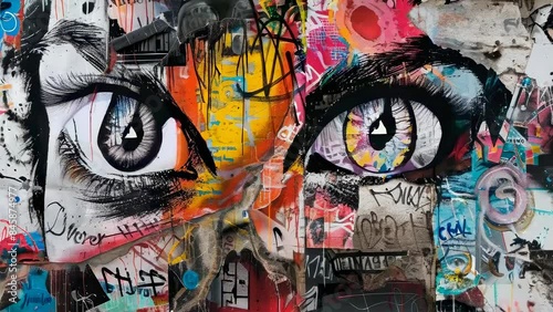 A vibrant street art mural featuring large, expressive human eyes amidst a backdrop of colorful graffiti. It's a mixed-media piece with layers of tags, paint drips, and urban textures.