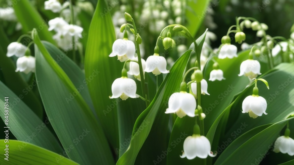 Fototapeta premium Blooming lily of the valley. White flowers of forest lily of the valley against a background of green leaves, snowdrops ecological botanical nature