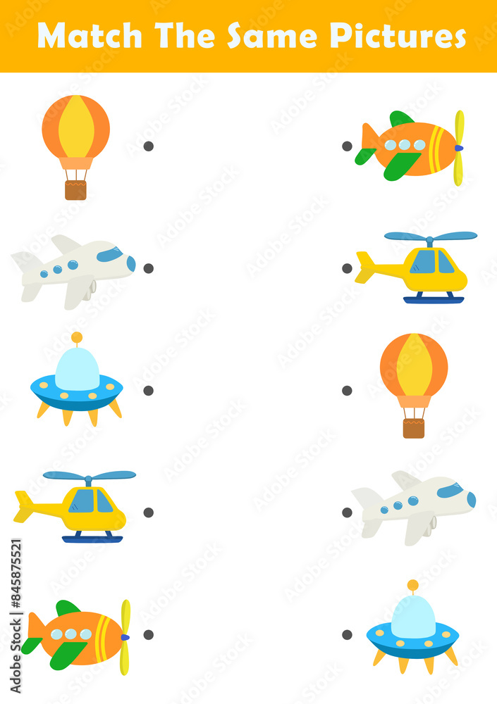 Picture Matching Worksheet for Preschool. Educational activity with cute vehicle illustration. Educational fun game for children. Picture Matching Worksheet for Preschool. Educational activity with cute vehicle illustration. Educational fun game for children.