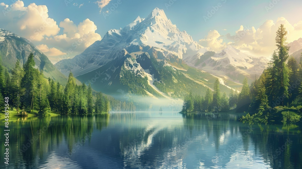 Tranquil Mountain A peaceful portrayal of a mountain enveloped in soothing shade evoking a calm and picturesque setting