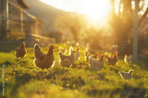 A close-up photo of a group of chickens walking in a bare yard on a sunny day, with a chicken coop in the background. Golden hour lighting.  photo