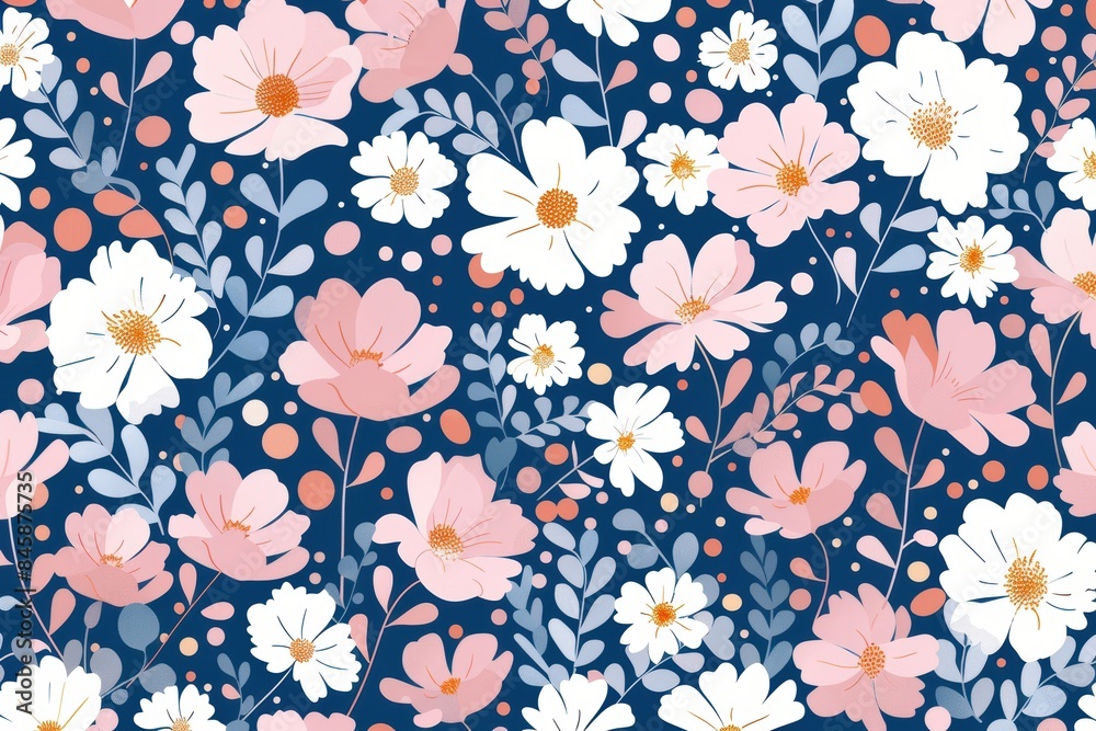 This vibrant floral pattern showcases large stylized flowers in pink, white, and navy hues on a deep blue background