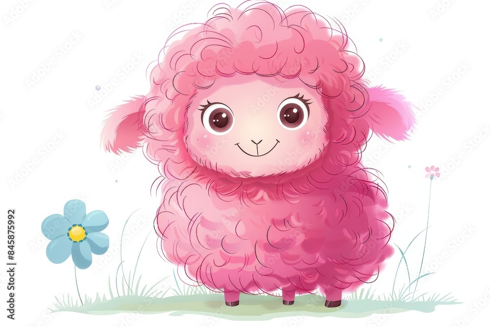 Illustration of a fluffy pink sheep with a happy expression, standing in a meadow with flowers and butterflies Illustration of a fluffy pink sheep with a happy expression, standing in a meadow with flowers and butterflies