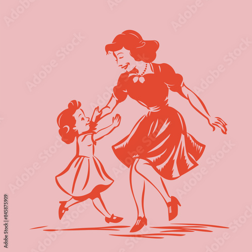 vintage cartoon illustration of daughter and mother dancing together