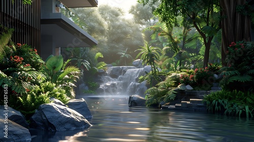 The concept of mindfulness portrayed by a tranquil meditation garden with flowing water and lush greenery
