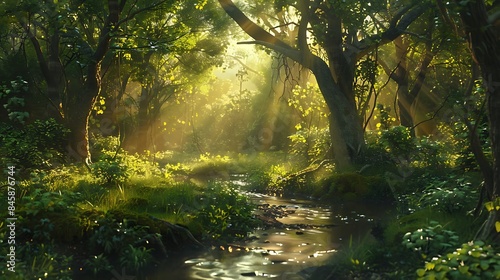 A serene forest glade illuminated by golden sunlight filtering through the lush green canopy  with a small stream meandering through the undergrowth.