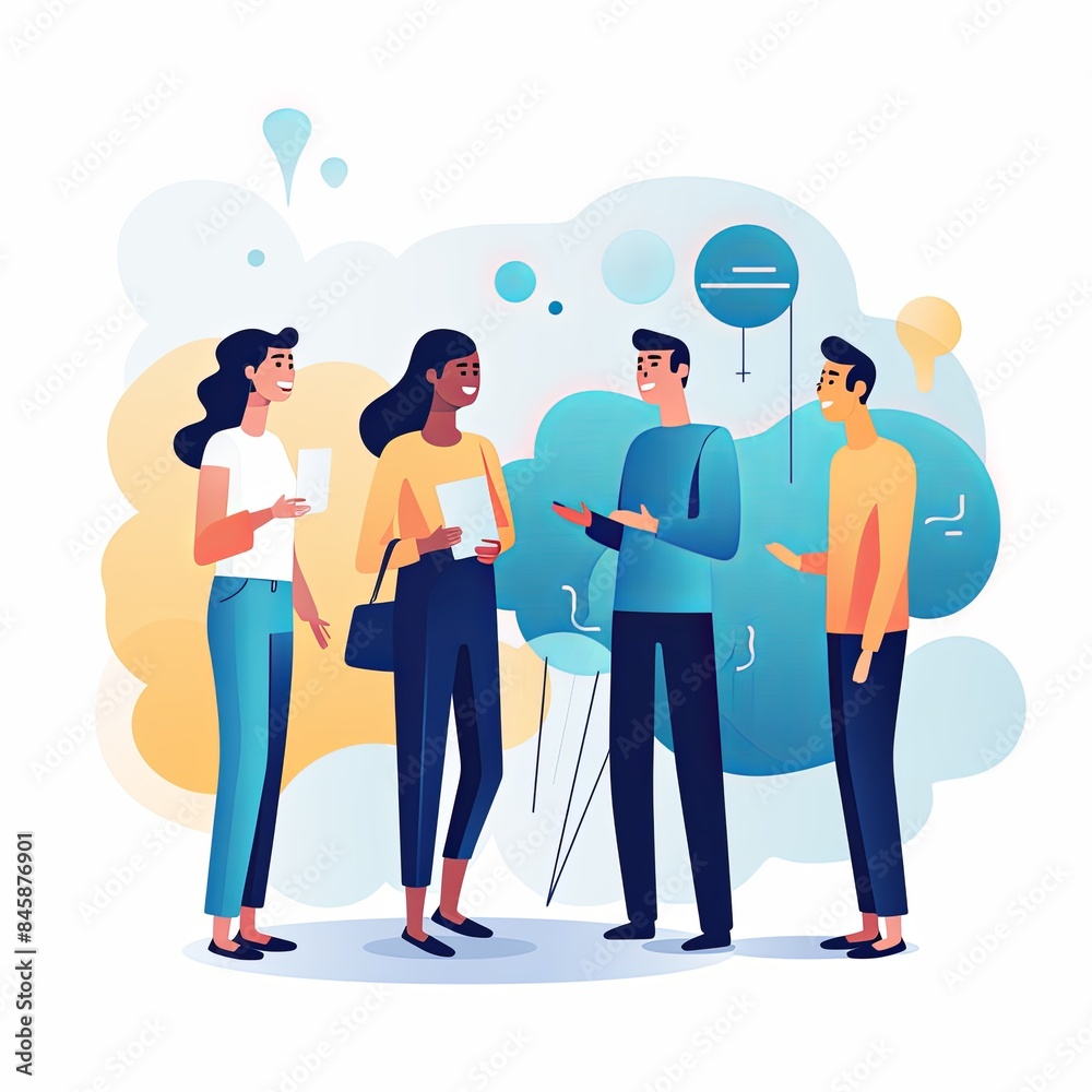 flat vector style illustration, a diverse group of people talking and collaborating, on white background flat vector style illustration, a diverse group of people talking and collaborating, on white background
