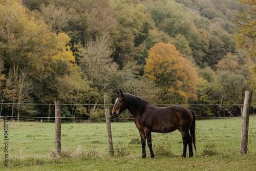 A close-up portrait of a majestic chestnut horse standing tall in an open field, with trees and greenery behind it, exuding elegance and strength, focus on face. 