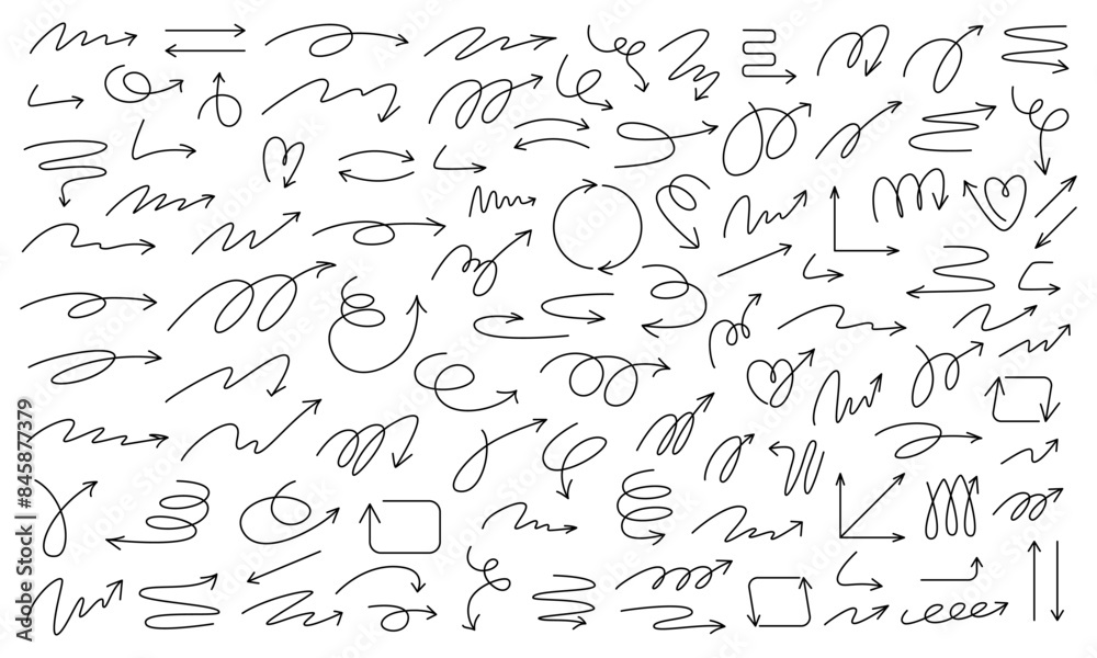 Naklejka premium Large set of thin arrows of different shapes, drawn by hand. Vector illustration of simple pointer symbols - connections for infographics, presentation, social networks.