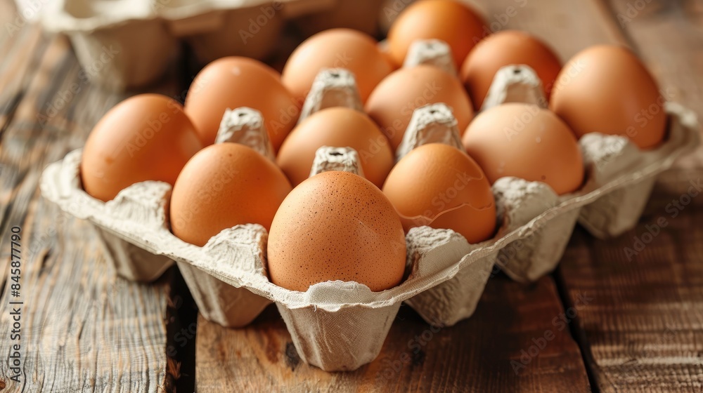 Raw chicken egg placed in an egg carton on a wooden surface viewed up close Raw chicken egg placed in an egg carton on a wooden surface viewed up close