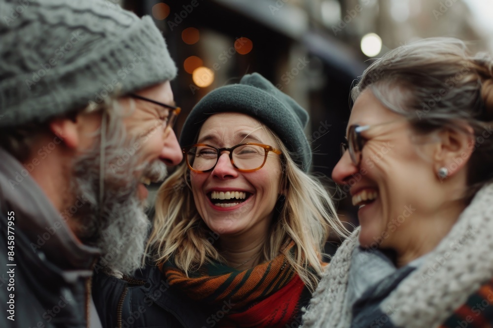 Group of friends laughing and having fun together in a city street.