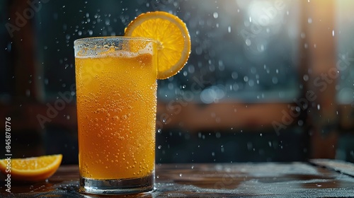 Photo of Refreshing Orange Juice with Slice in Sparkling LightDescription: Close-up shots of a glass of orange juice with a slice, sparkling bubbles, and light reflections in a moody background.