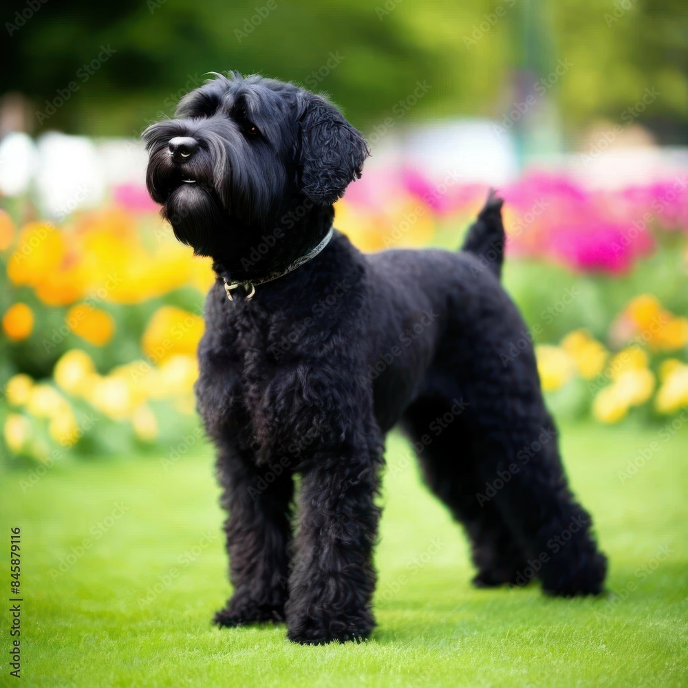 Russian black terrier in a colorful garden, an image generated by artificial intelligence Russian black terrier in a colorful garden, an image generated by artificial intelligence