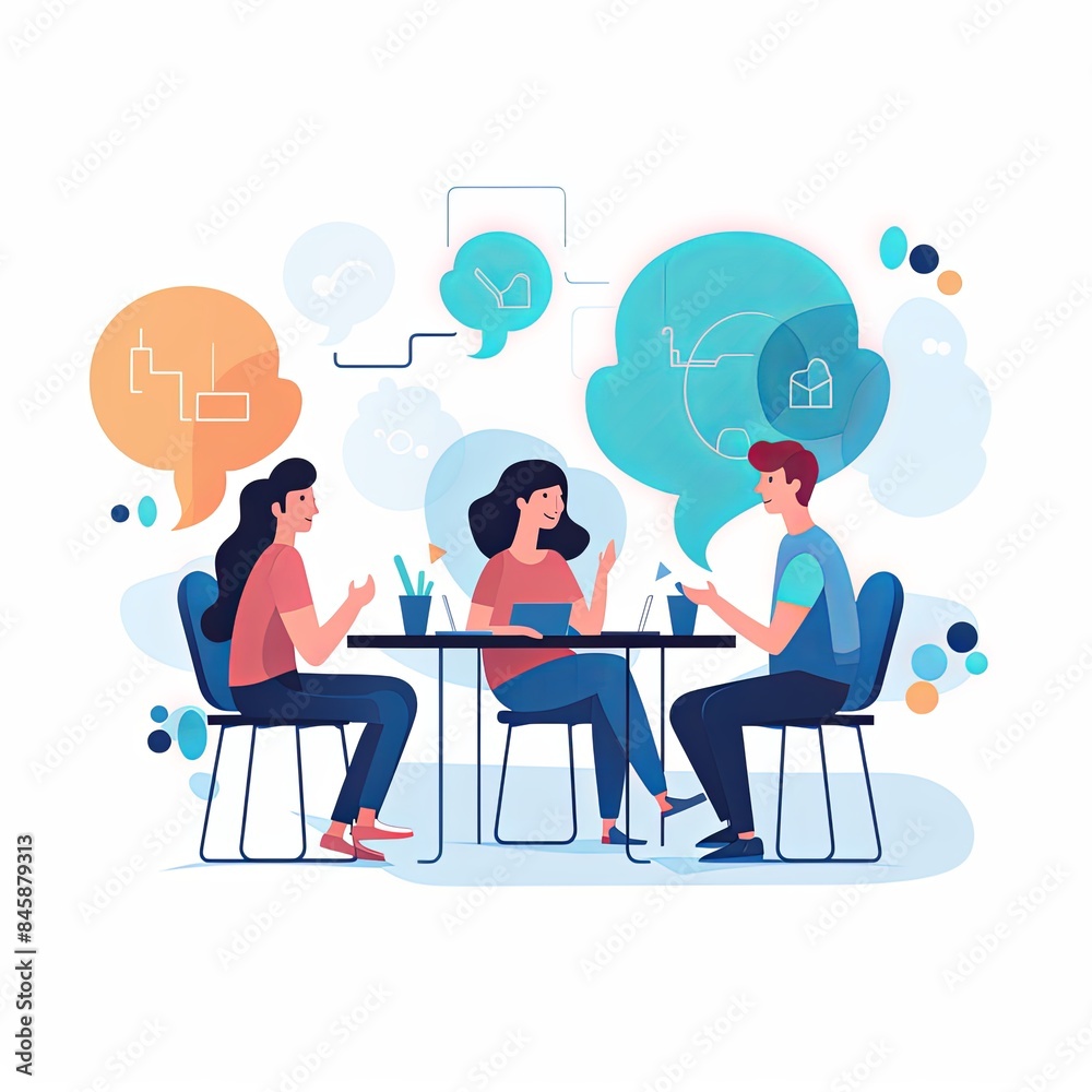 flat vector style illustration, a diverse group of people talking and collaborating, on white background flat vector style illustration, a diverse group of people talking and collaborating, on white background
